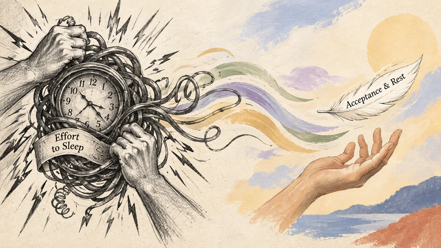 Split illustration contrasting hands gripping a tangled clock labeled Effort to Sleep with an open hand catching a feather.