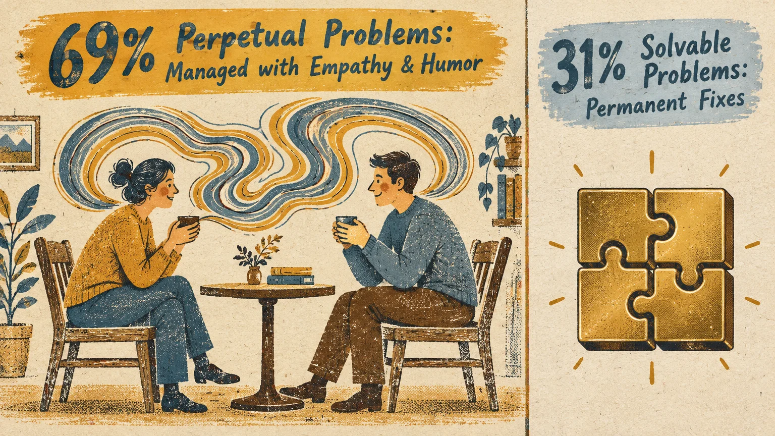 Illustration comparing a couple talking over tea representing 69% perpetual problems to a finished puzzle for 31% solvable ones.