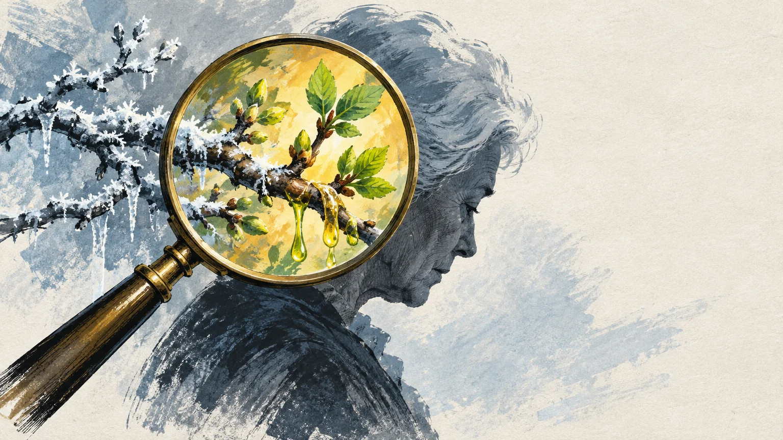 Illustration of an older woman in profile, with a magnifying glass showing blooming leaves over a frosty branch.