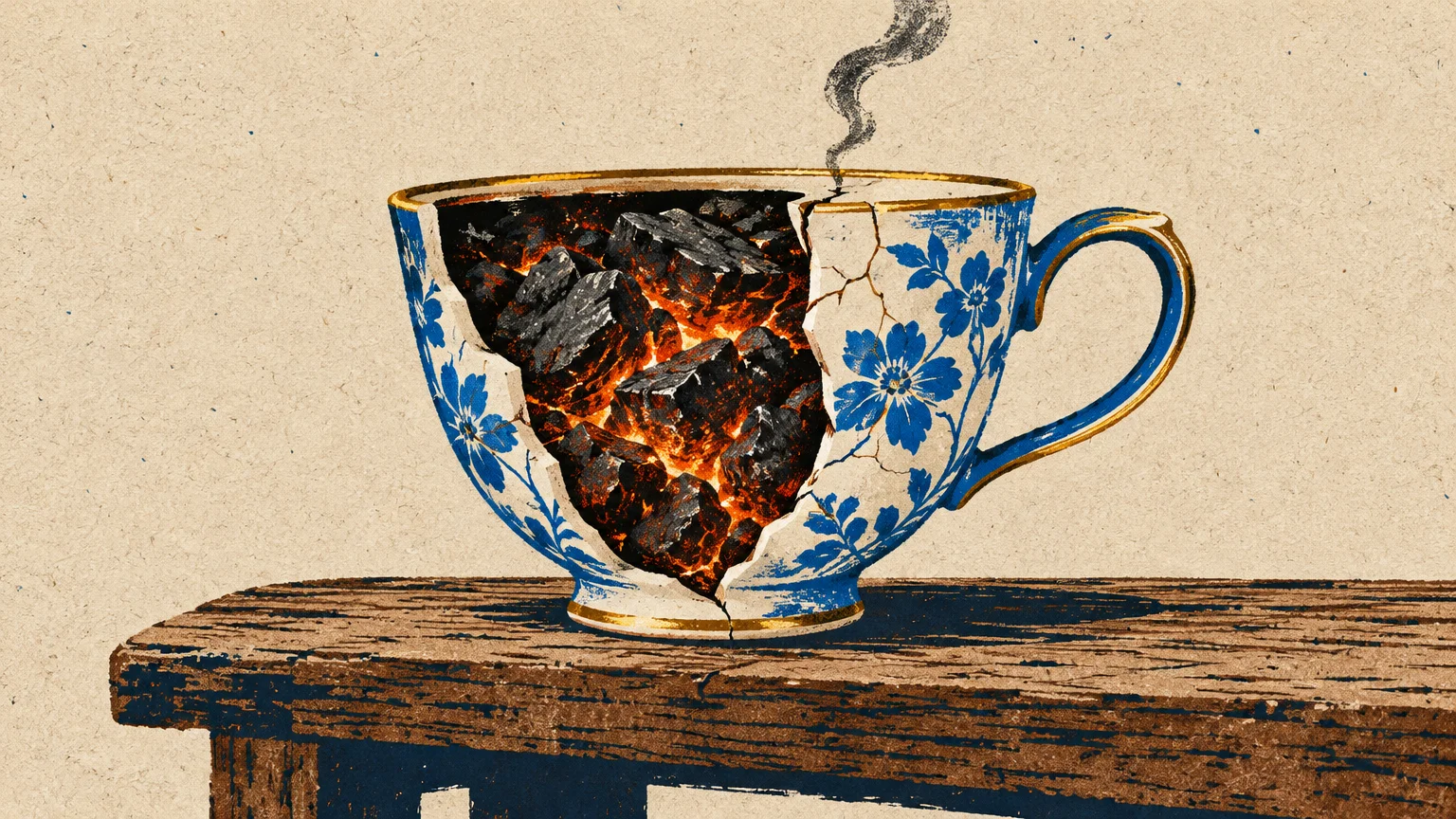 Illustration of a cracked porcelain teacup filled with smoldering, glowing coals resting on a wooden surface.