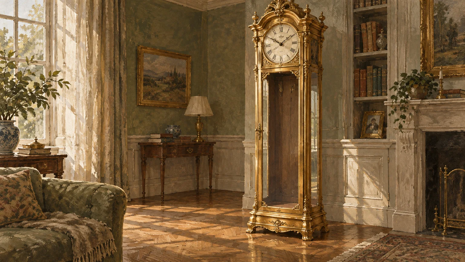 Ornate golden grandfather clock standing empty in a sunlit, classic living room with parquet flooring and built-in shelves.