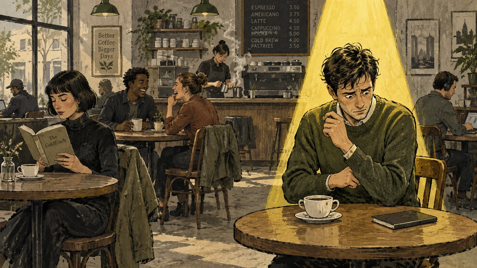 An anxious man sits alone at a coffee shop table under a bright yellow spotlight while other patrons ignore him.