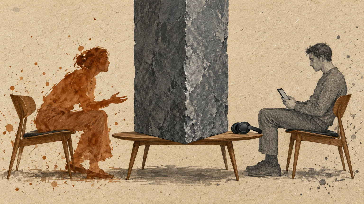A woman and man sit facing each other on chairs, separated by a massive stone monolith resting on a coffee table.