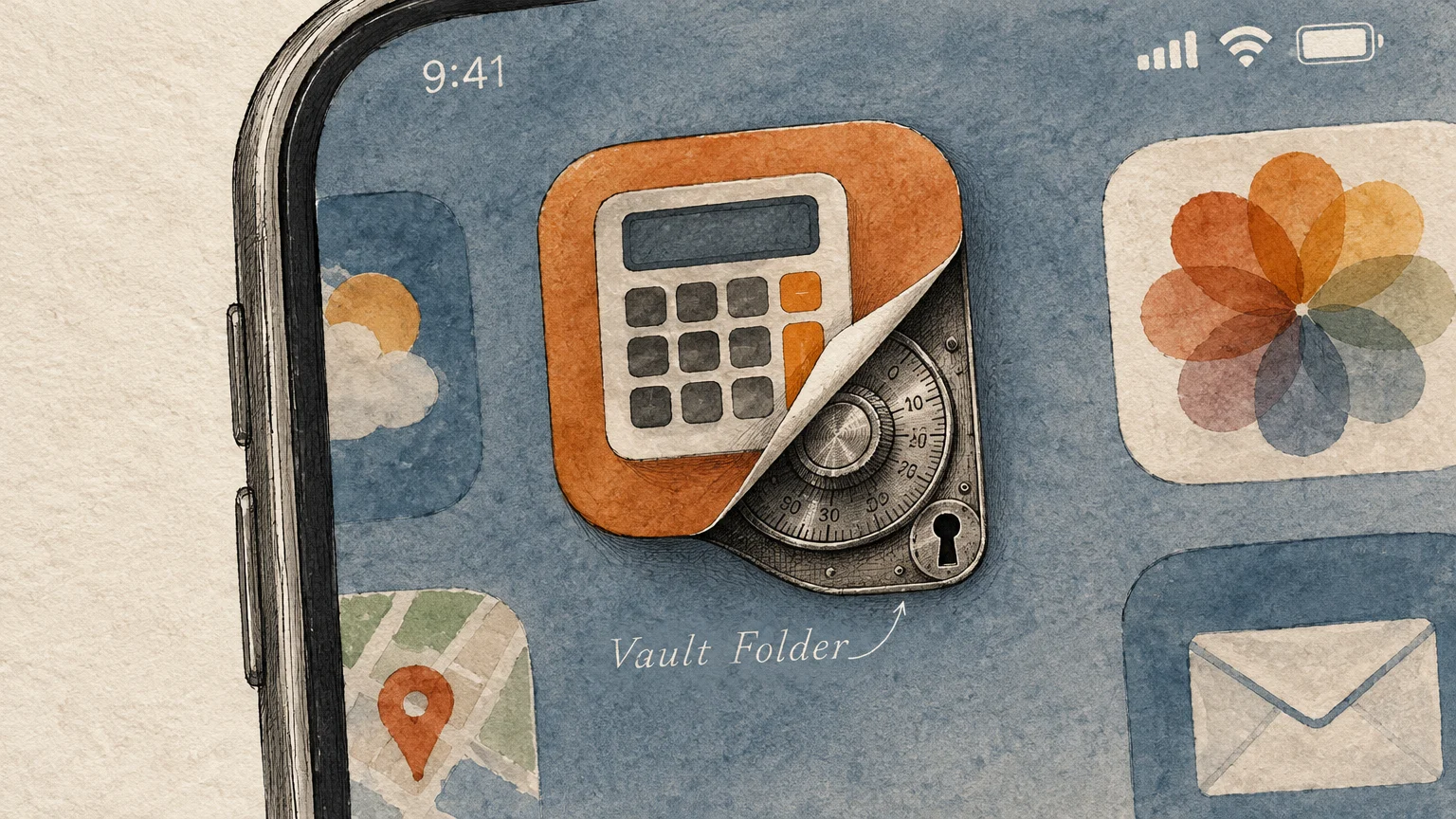Smartphone screen illustration where a calculator app icon peels back to reveal a hidden metallic safe combination lock.