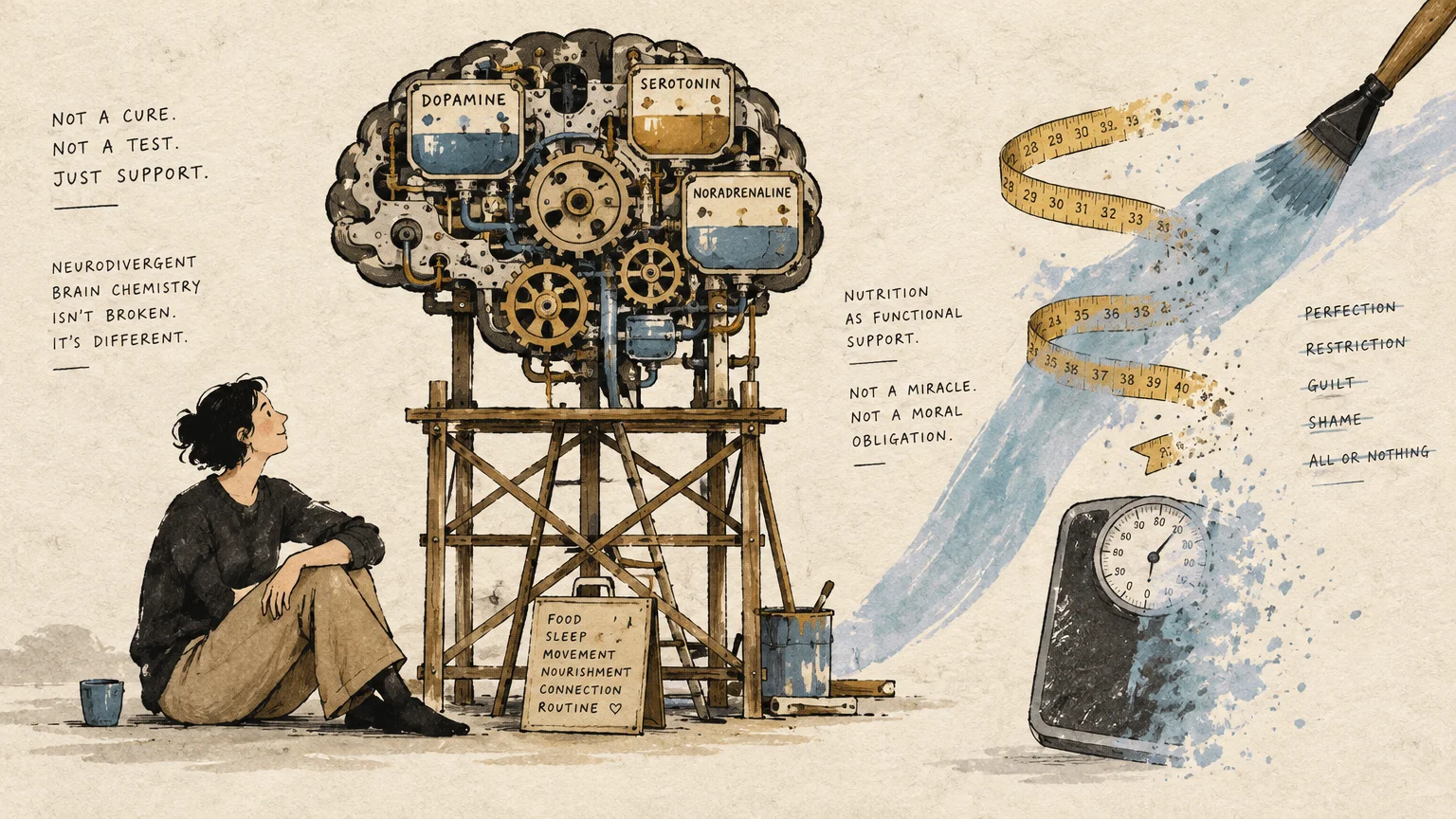 Illustration of a woman beside a mechanical brain machine, with a brush sweeping away a scale and measuring tape.