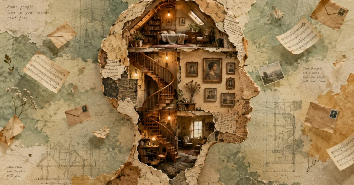 Collage of a human head silhouette cut out to reveal a cozy multi-story house interior with a spiral staircase.