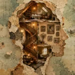 Collage of a human head silhouette cut out to reveal a cozy multi-story house interior with a spiral staircase.