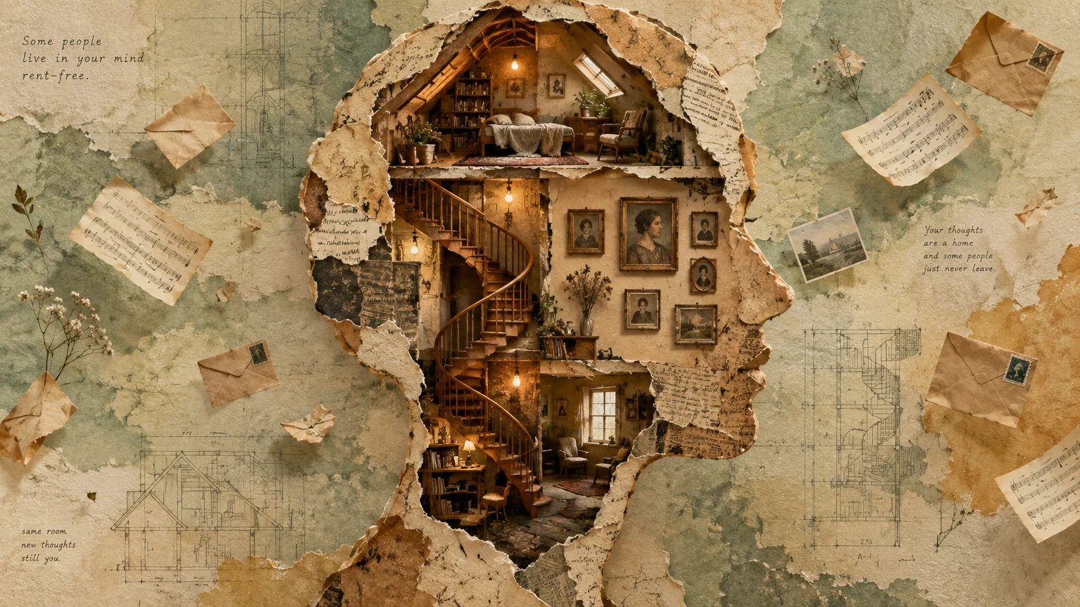 Collage of a human head silhouette cut out to reveal a cozy multi-story house interior with a spiral staircase.