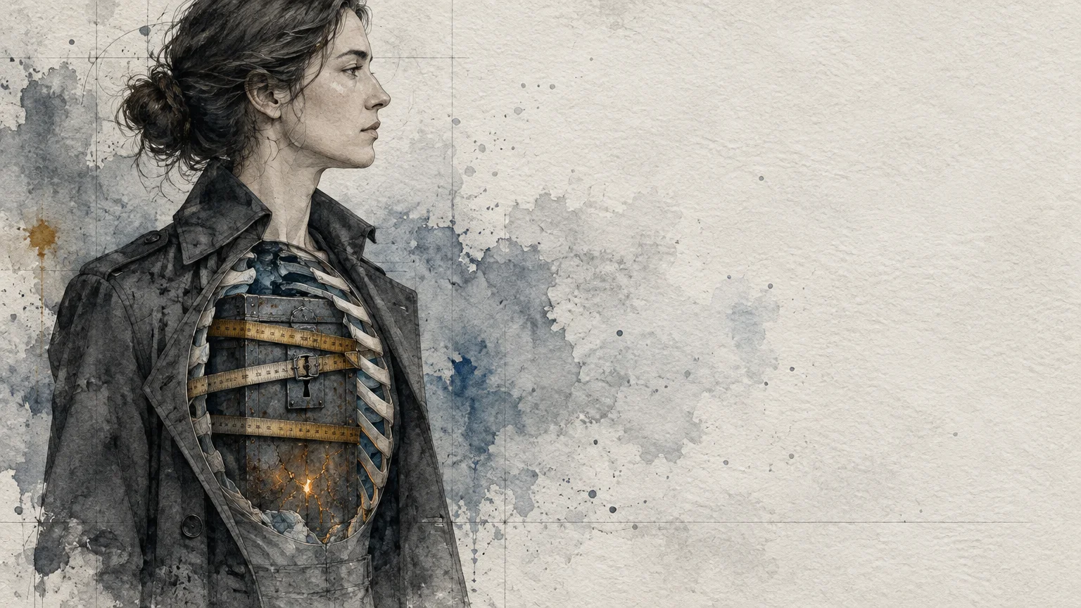 Watercolor illustration of a woman in profile whose exposed ribcage encloses a locked chest bound by measuring tape.