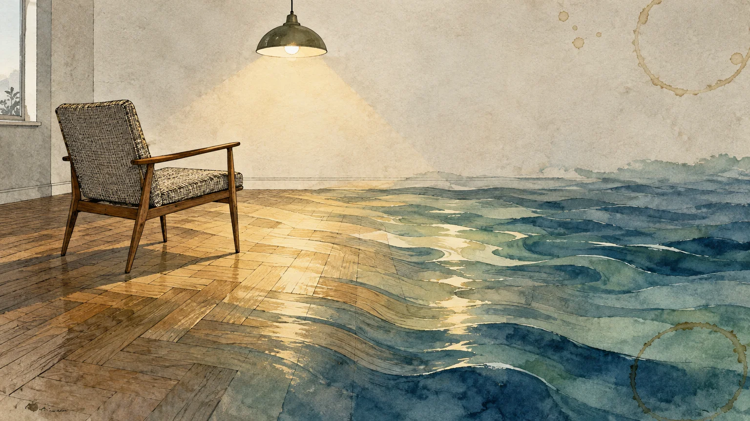 Illustration of a room with an armchair and pendant light where the parquet wood floor turns into ocean waves.