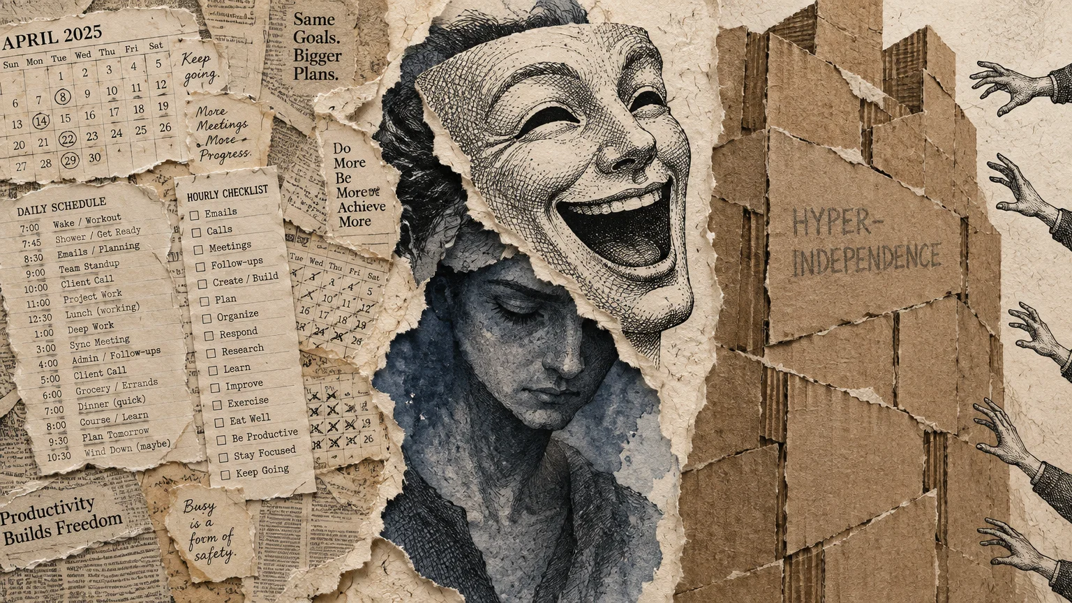 Torn paper collage featuring a laughing mask over a sad face, packed daily schedules, and a cardboard wall.