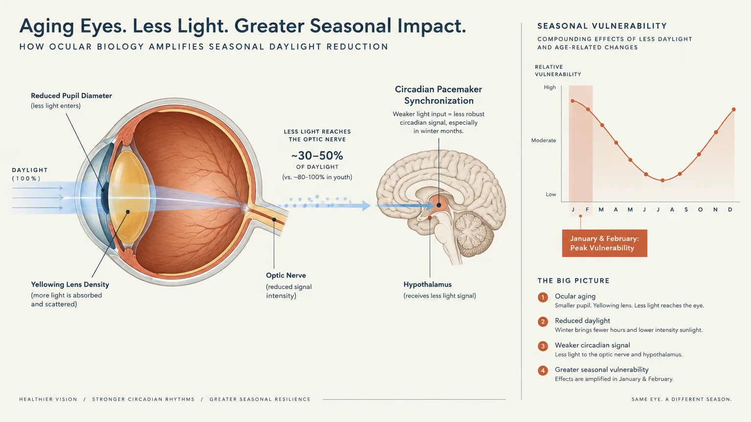 Diagram of an aging eye and brain showing reduced light transmission, paired with a seasonal vulnerability graph.