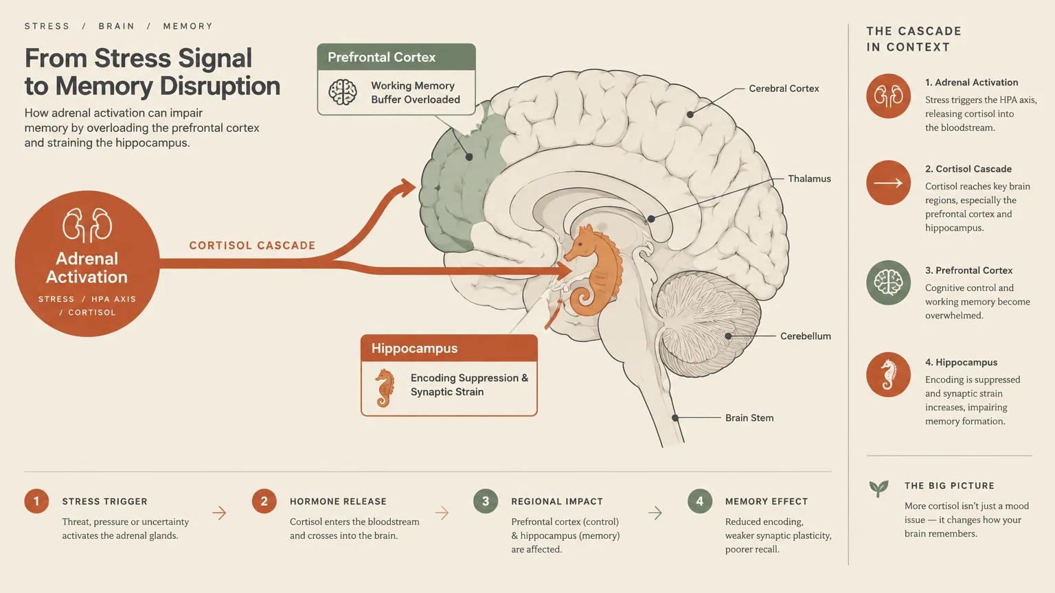 Medical diagram showing adrenal cortisol pathways targeting the prefrontal cortex and hippocampus in a cross-section of a brain.