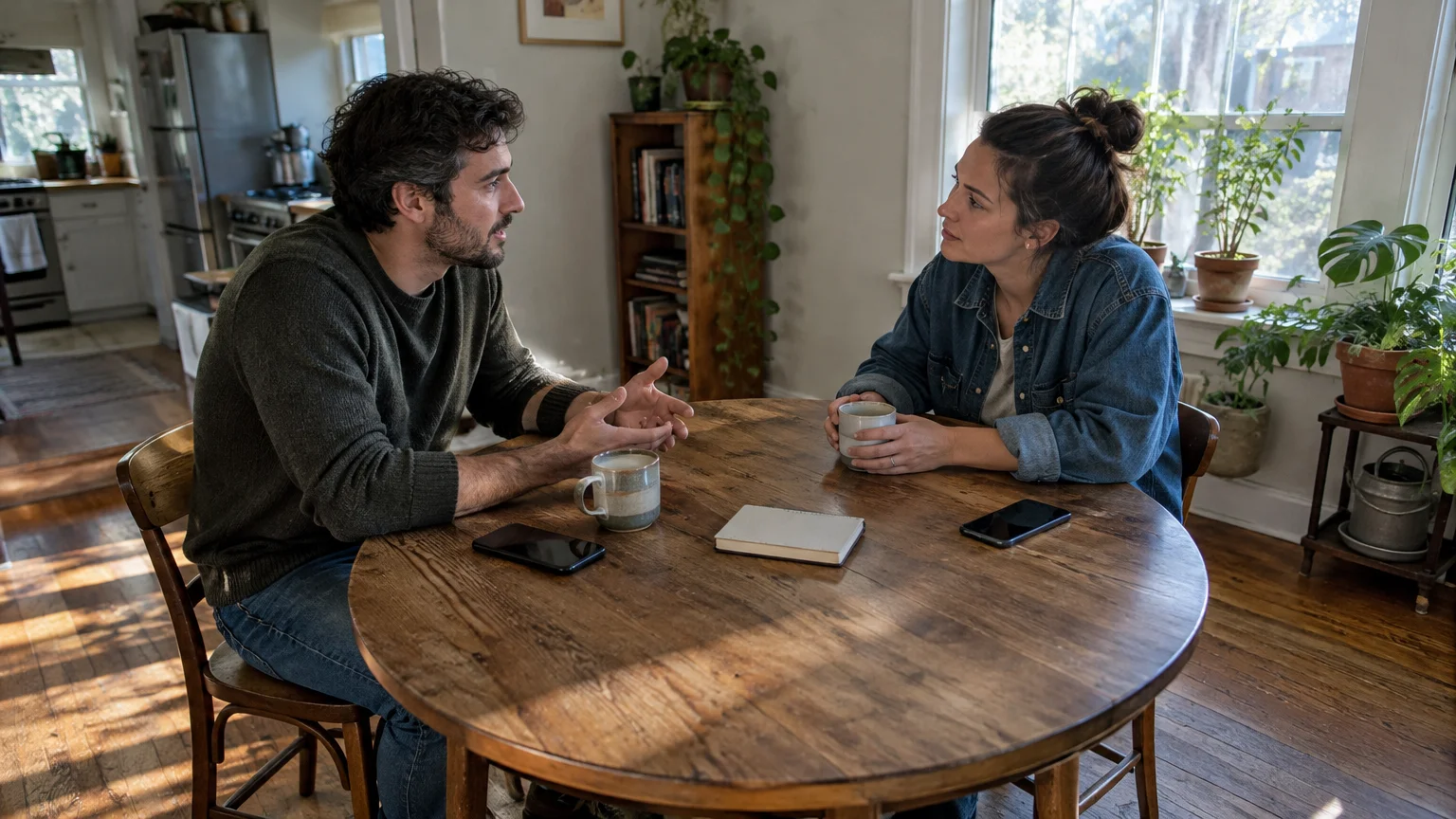 A man and woman sit across from each other at a round wooden table, talking seriously with mugs and phones nearby.