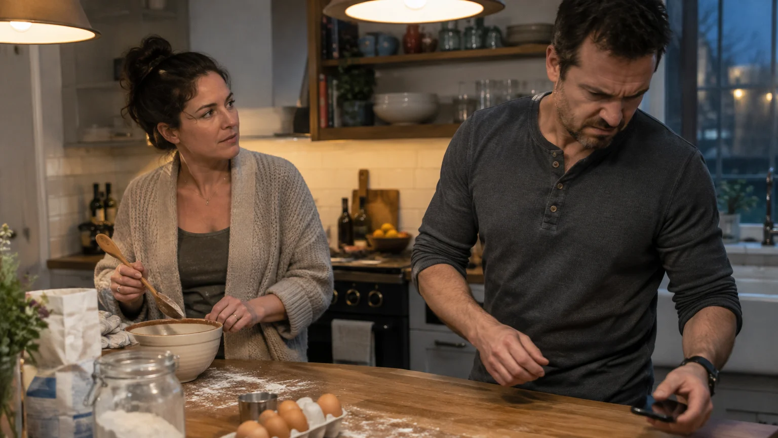 A woman mixes ingredients in a kitchen while a frowning man reaches toward his phone on the counter.