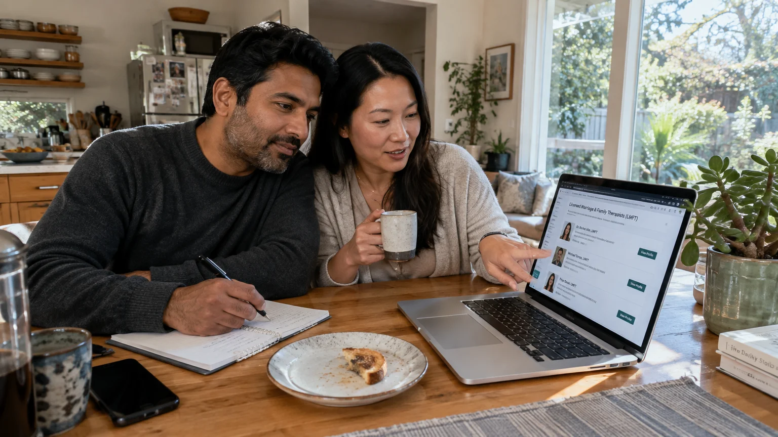A couple sits at a wooden table reviewing therapist profiles on a laptop while taking notes in a notebook.