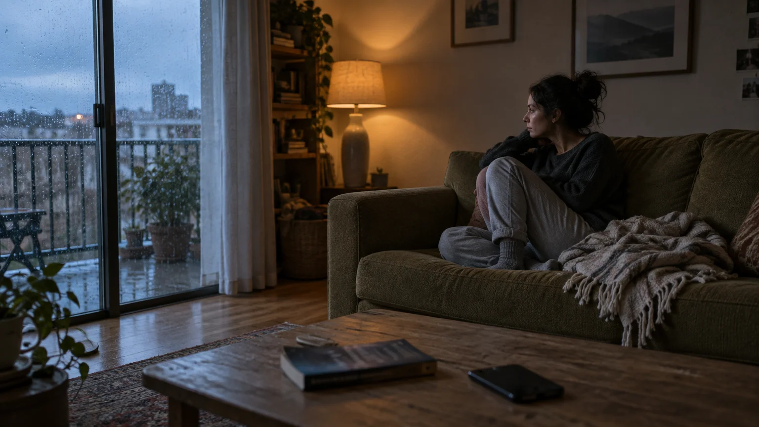 A woman sits curled up on a living room sofa, looking out a glass balcony door on a rainy day.