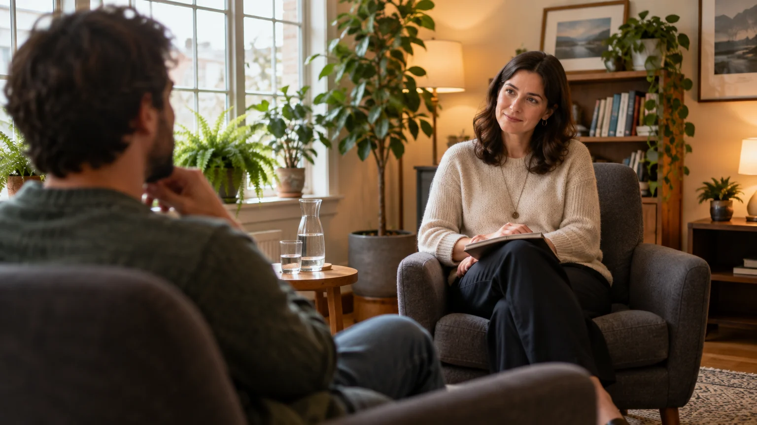 A female therapist sits in an armchair holding a notebook while listening attentively to a male client in her office.