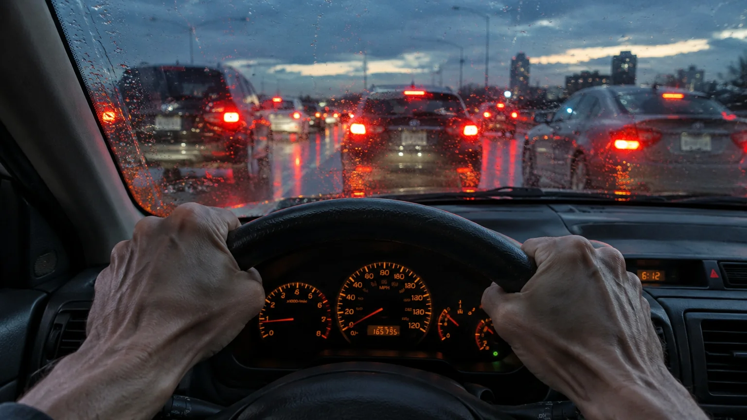 Driver gripping the steering wheel tightly in heavy traffic on a wet, rainy evening with illuminated taillights ahead.