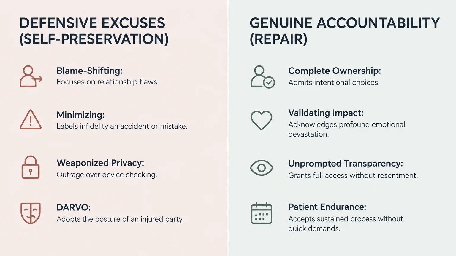 Side-by-side comparison chart contrasting defensive excuses for self-preservation with genuine accountability for repair.