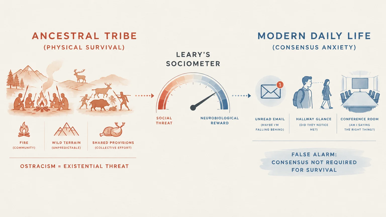 Diagram comparing an ancestral tribe and modern daily life, connected by Leary's sociometer dial measuring social threats.