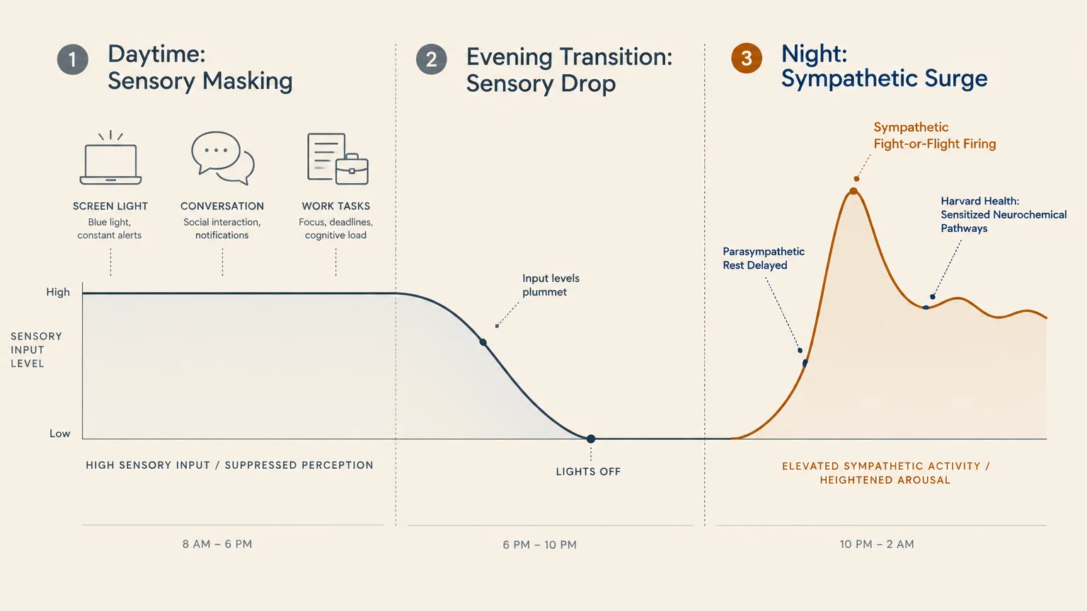 Three-part line graph showing daytime sensory masking, an evening sensory drop, and a nighttime sympathetic surge.