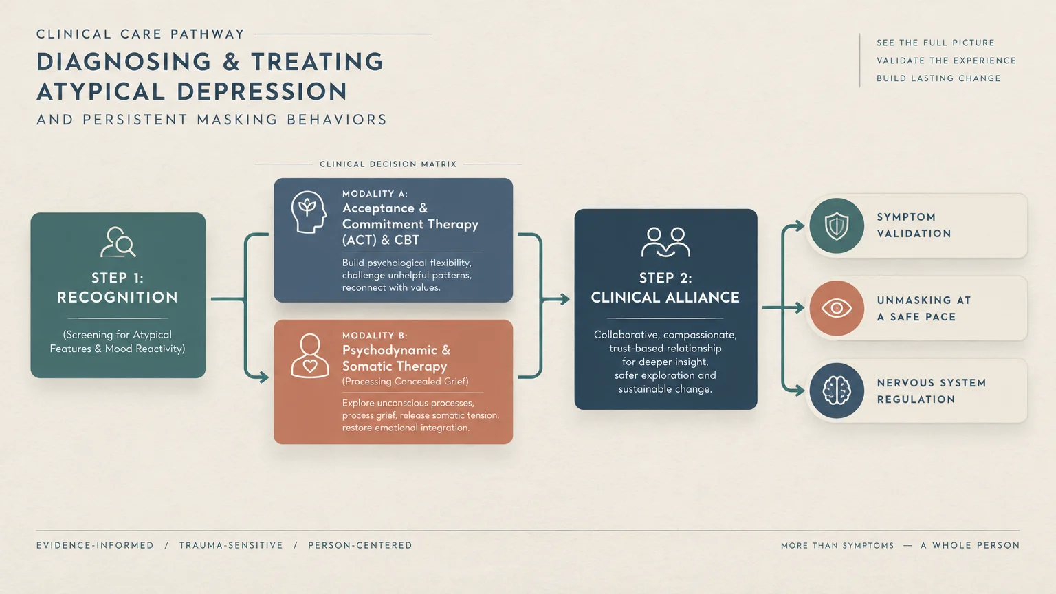 Flowchart diagram outlining a clinical care pathway for diagnosing and treating atypical depression in two core steps.