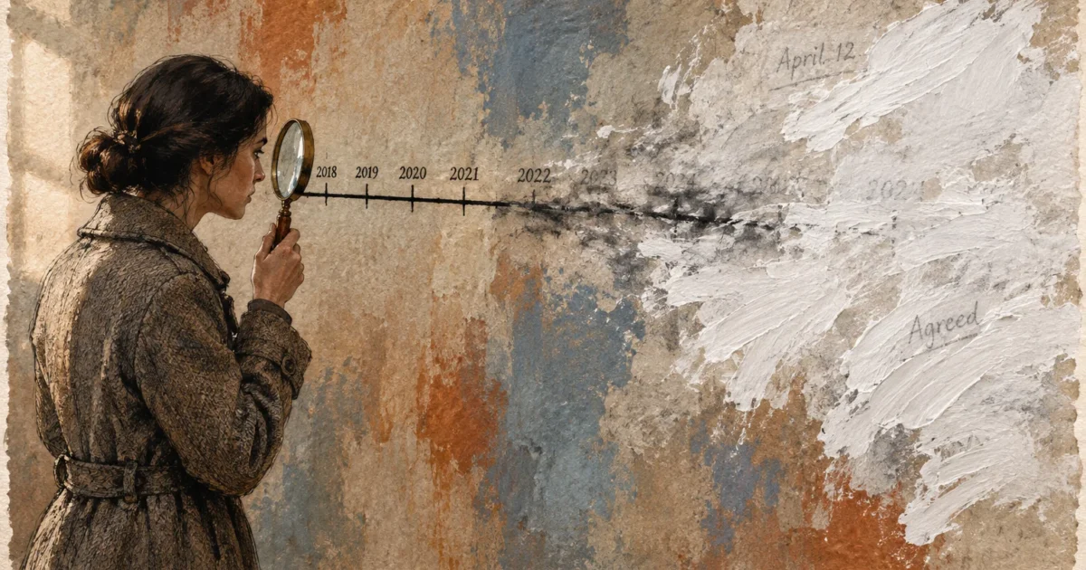 Illustration of a woman examining a painted timeline on a wall with a magnifying glass as white paint obscures the dates.