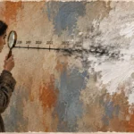 Illustration of a woman examining a painted timeline on a wall with a magnifying glass as white paint obscures the dates.