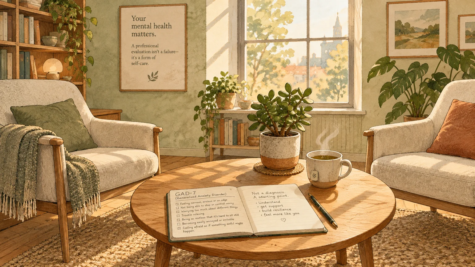 Illustration of a cozy therapy office with armchairs, house plants, and an open notebook with an anxiety checklist on a table.