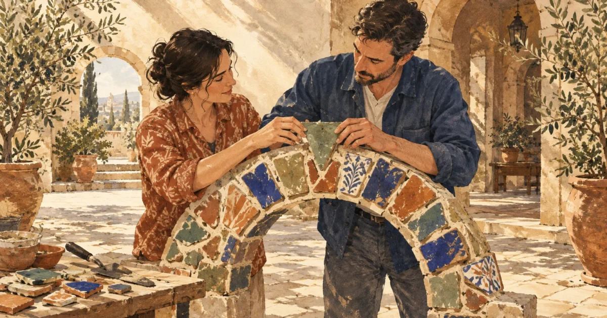 A man and woman collaboratively place a mosaic keystone into a tiled archway in a sunny courtyard.