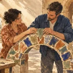 A man and woman collaboratively place a mosaic keystone into a tiled archway in a sunny courtyard.
