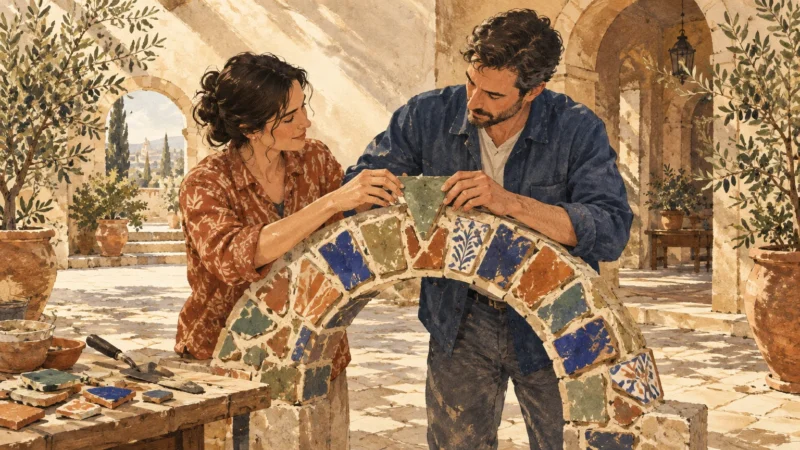 A man and woman collaboratively place a mosaic keystone into a tiled archway in a sunny courtyard.