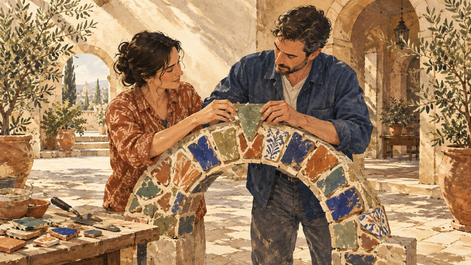 A man and woman collaboratively place a mosaic keystone into a tiled archway in a sunny courtyard.