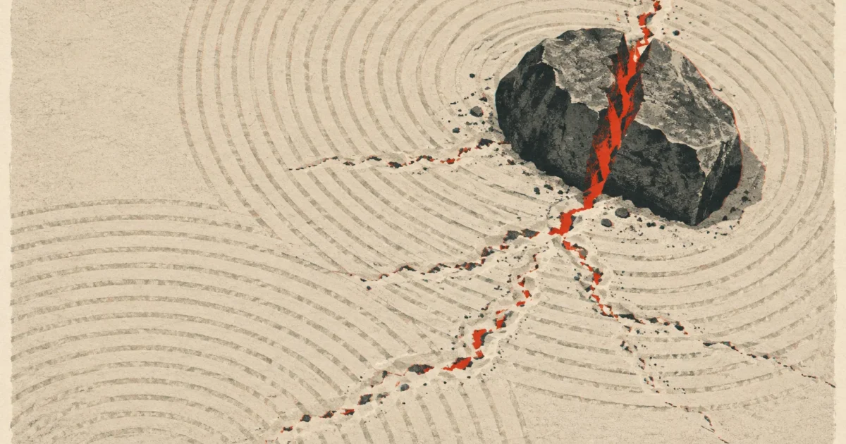 Illustration of a raked sand zen garden with a large cracked boulder split by a glowing red fissure.