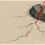 Illustration of a raked sand zen garden with a large cracked boulder split by a glowing red fissure.