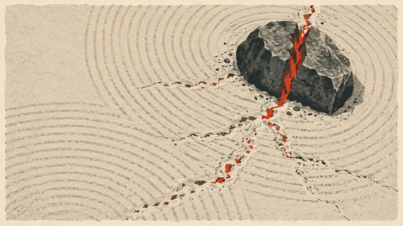 Illustration of a raked sand zen garden with a large cracked boulder split by a glowing red fissure.