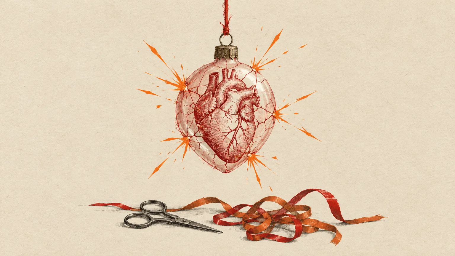 An anatomical heart inside a cracked glass ornament, hanging above scissors and tangled ribbon on a beige background.