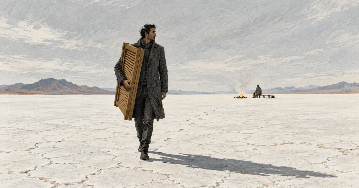 A man carrying wooden shutters walks across a cracked desert plain away from a figure seated near a campfire.