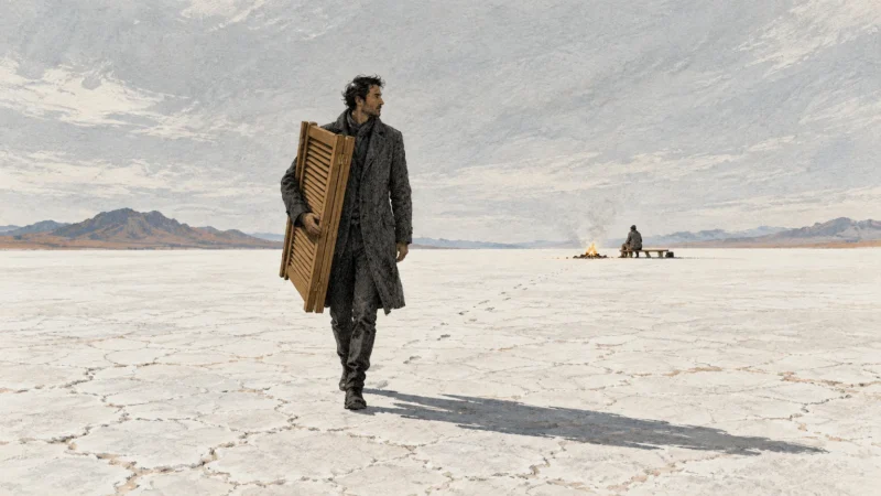 A man carrying wooden shutters walks across a cracked desert plain away from a figure seated near a campfire.