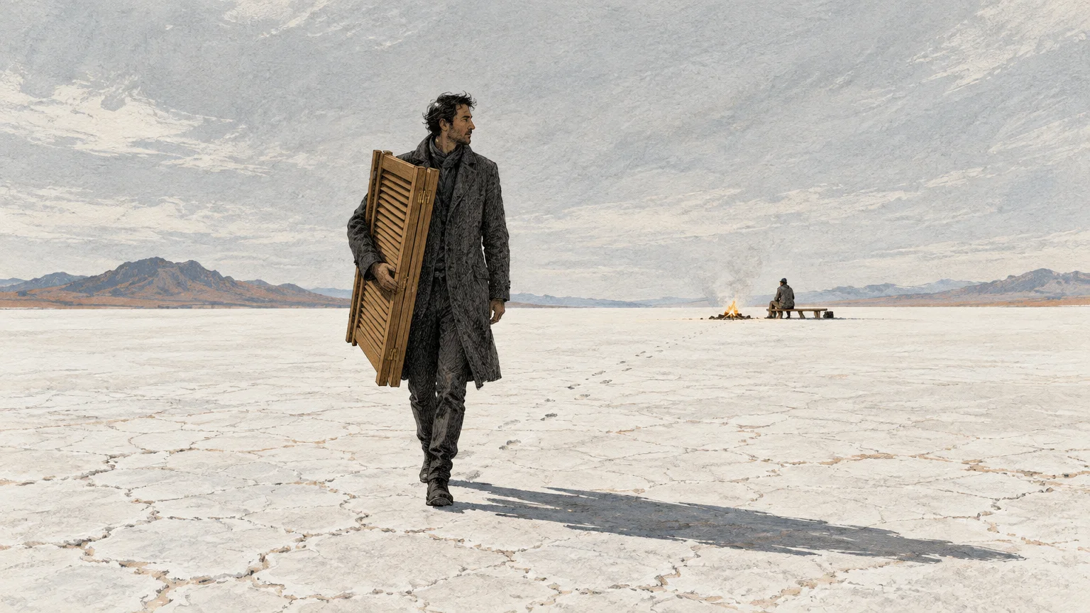 A man carrying wooden shutters walks across a cracked desert plain away from a figure seated near a campfire.