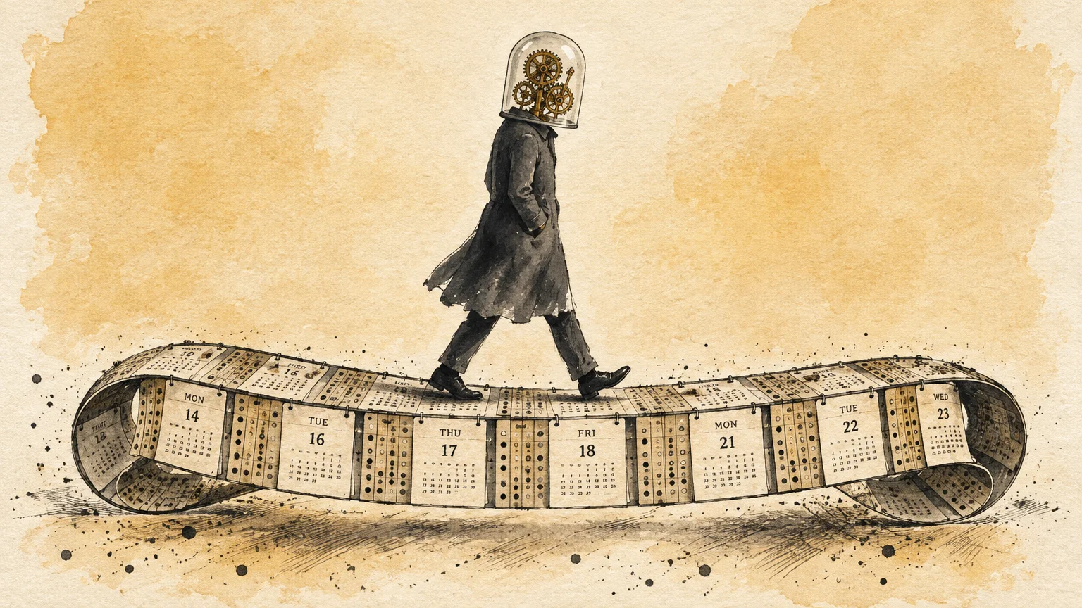 Illustration of a figure with clockwork gears inside a glass dome head walking along a looping calendar treadmill.