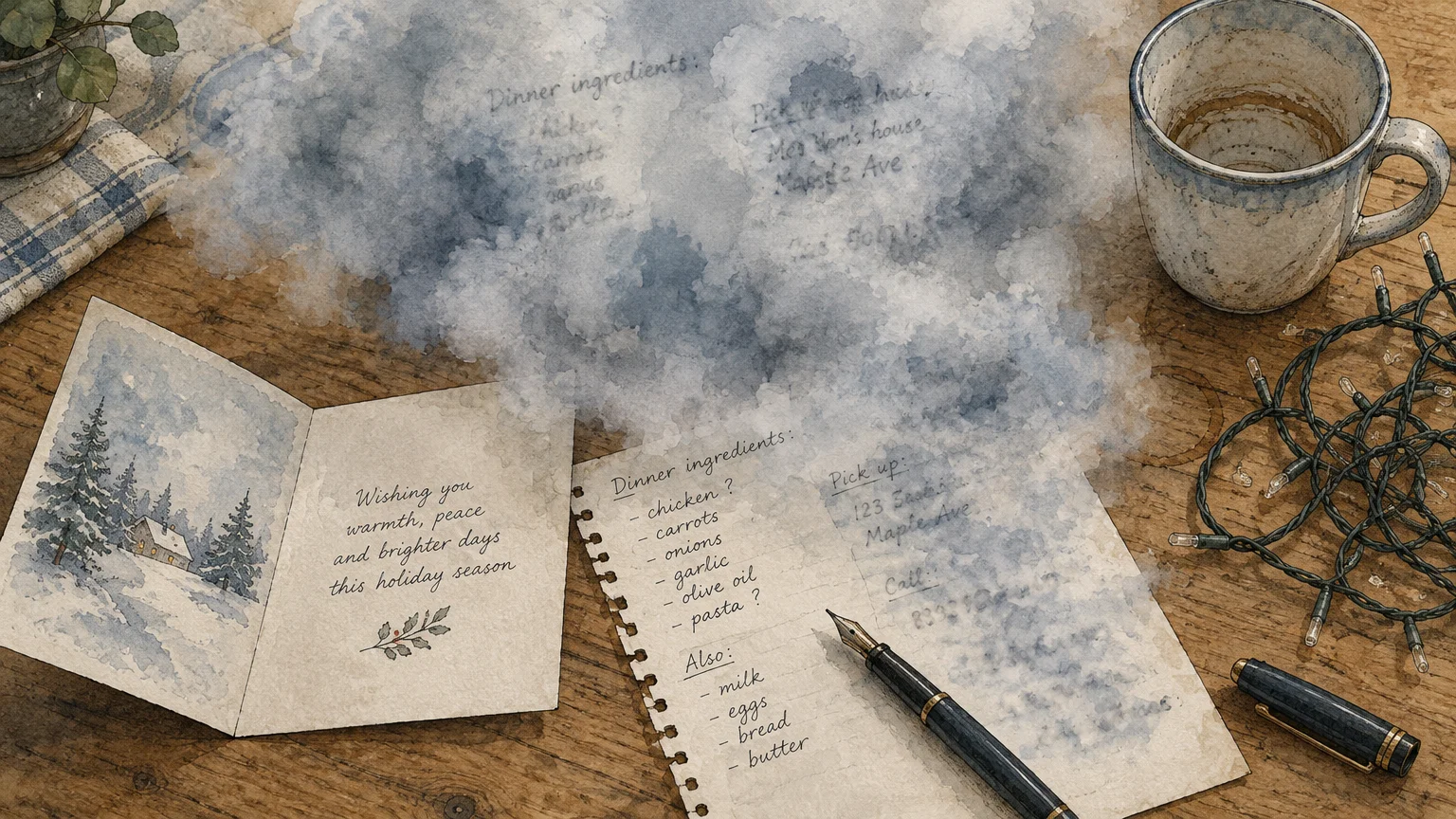 Illustration of a holiday to-do list and greeting card obscured by drifting grey fog beside a coffee mug and string lights.