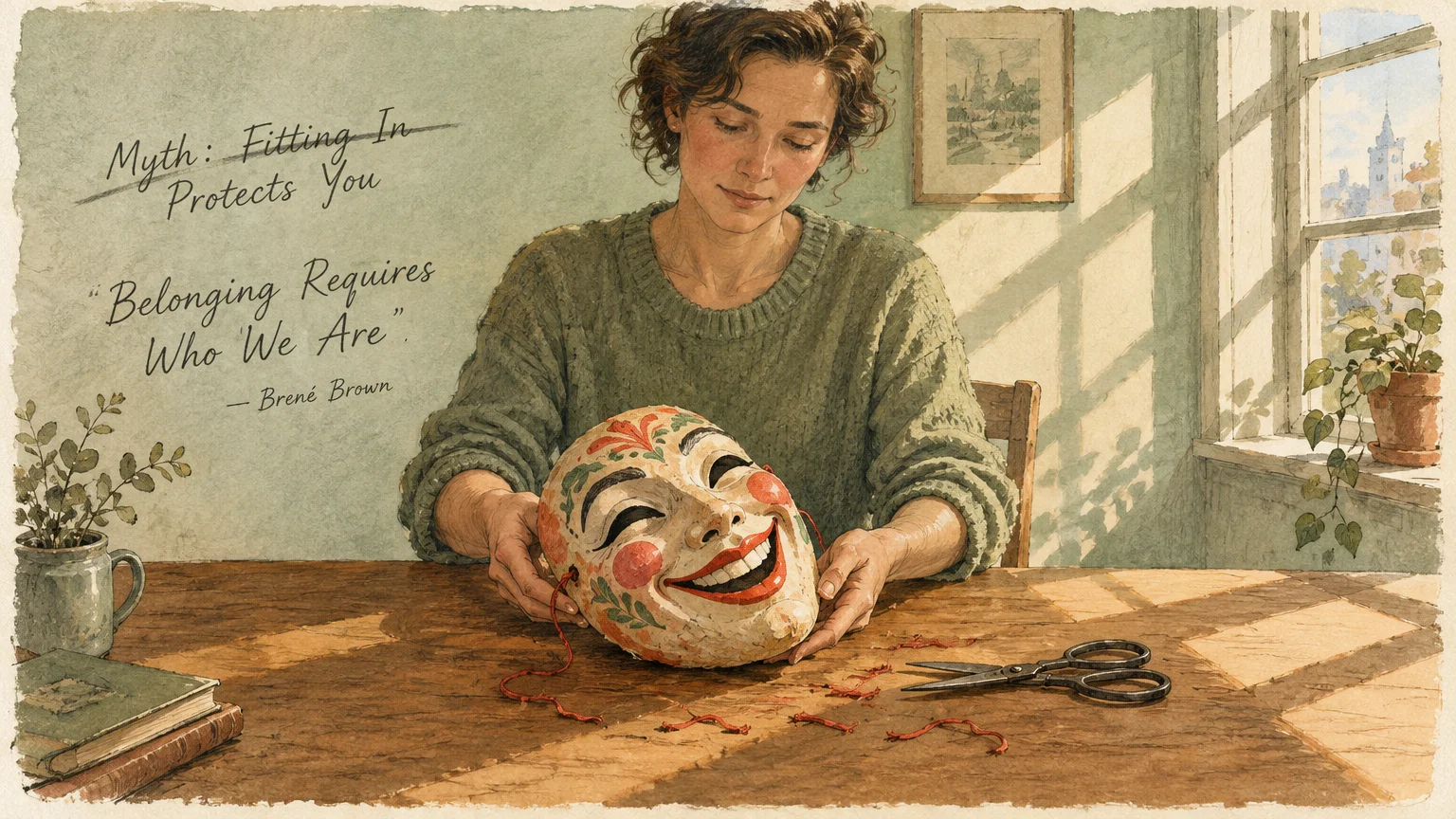 Illustration of a woman sitting at a sunlit wooden table cutting the strings off a smiling mask.