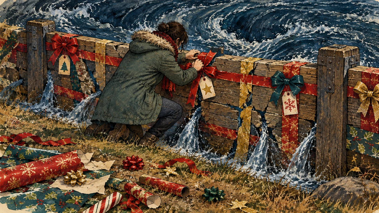 A woman tries to patch a leaking wooden seawall using holiday wrapping paper and ribbon against rough ocean waves.