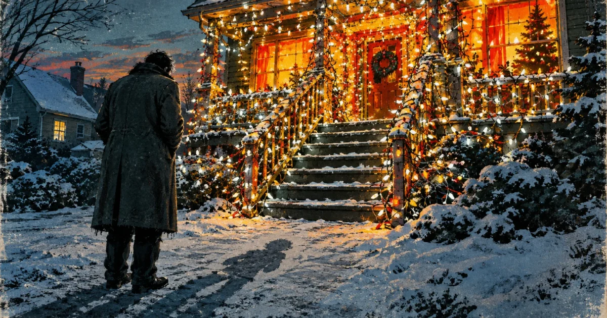 Man in a long winter coat standing in snow, looking at a brightly lit house decorated with Christmas lights.