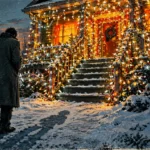 Man in a long winter coat standing in snow, looking at a brightly lit house decorated with Christmas lights.