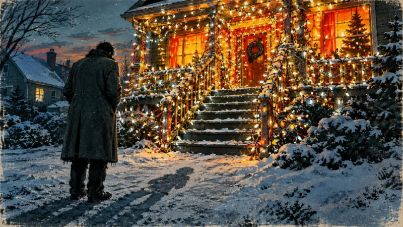 Man in a long winter coat standing in snow, looking at a brightly lit house decorated with Christmas lights.