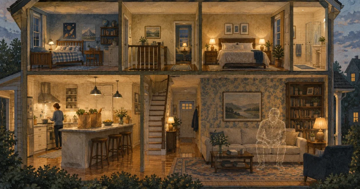 Cross-section illustration of a two-story home, showing a woman cooking and a faint, transparent figure on the sofa.