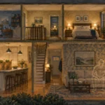 Cross-section illustration of a two-story home, showing a woman cooking and a faint, transparent figure on the sofa.